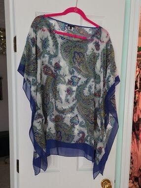 Talbots Sheer Paisley Poncho Top in Navy, White, Green